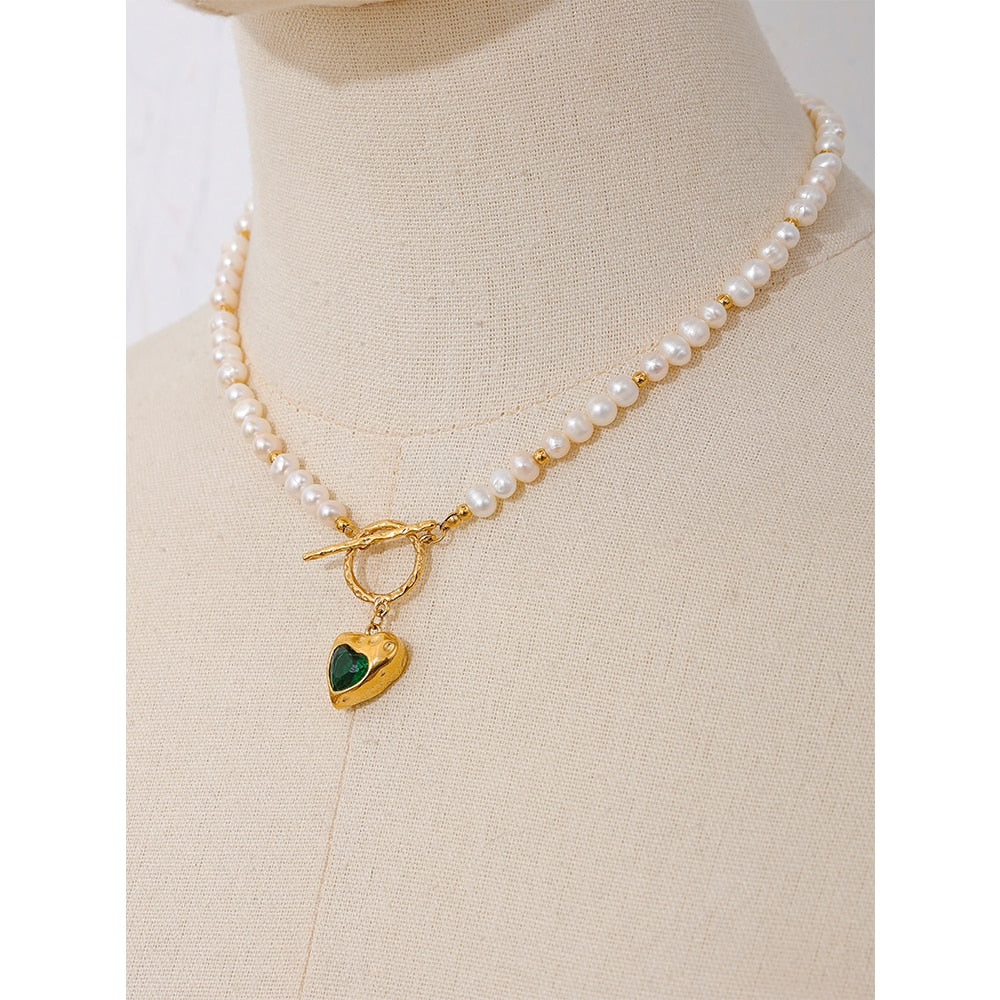 Natural Pearl Heart Zirconia 18k Gold Plated Necklace - eclatis