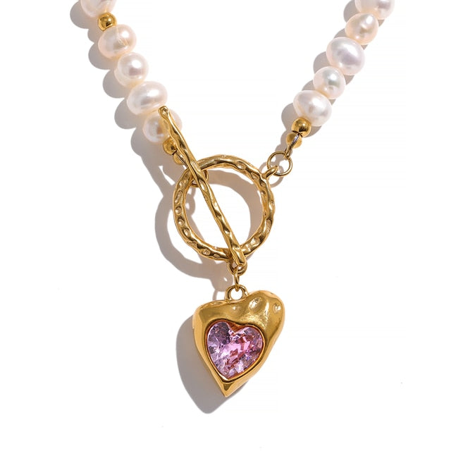 Natural Pearl Heart Zirconia 18k Gold Plated Necklace - eclatis